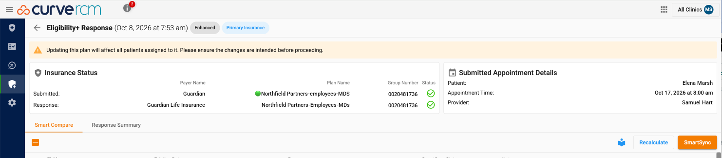 Eligibility+ response header: submitted and returned payer, plan and group number, each with a green check, beside the appointment details
